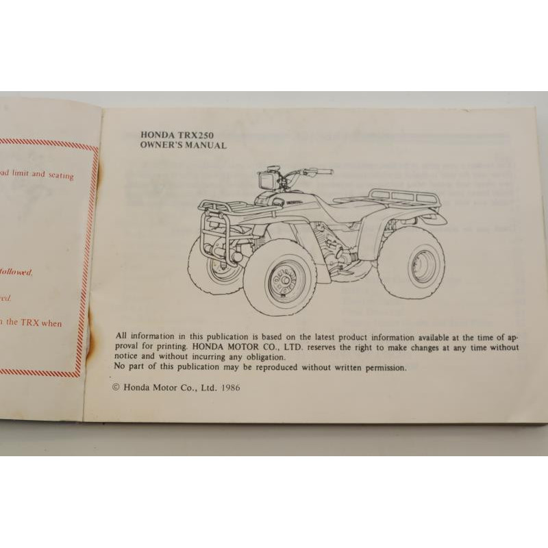 Manuel d'utilisateur HONDA TRX 250 1986 à 1987